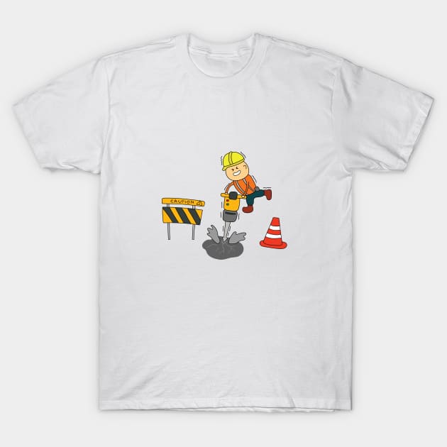 Kids drawing of funny construction worker drilling road with jack hammer T-Shirt by wordspotrayal